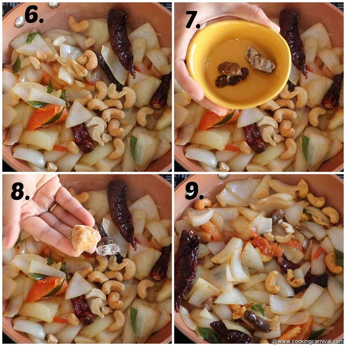 adding cashew, tamarind, jaggery in sauteed onion