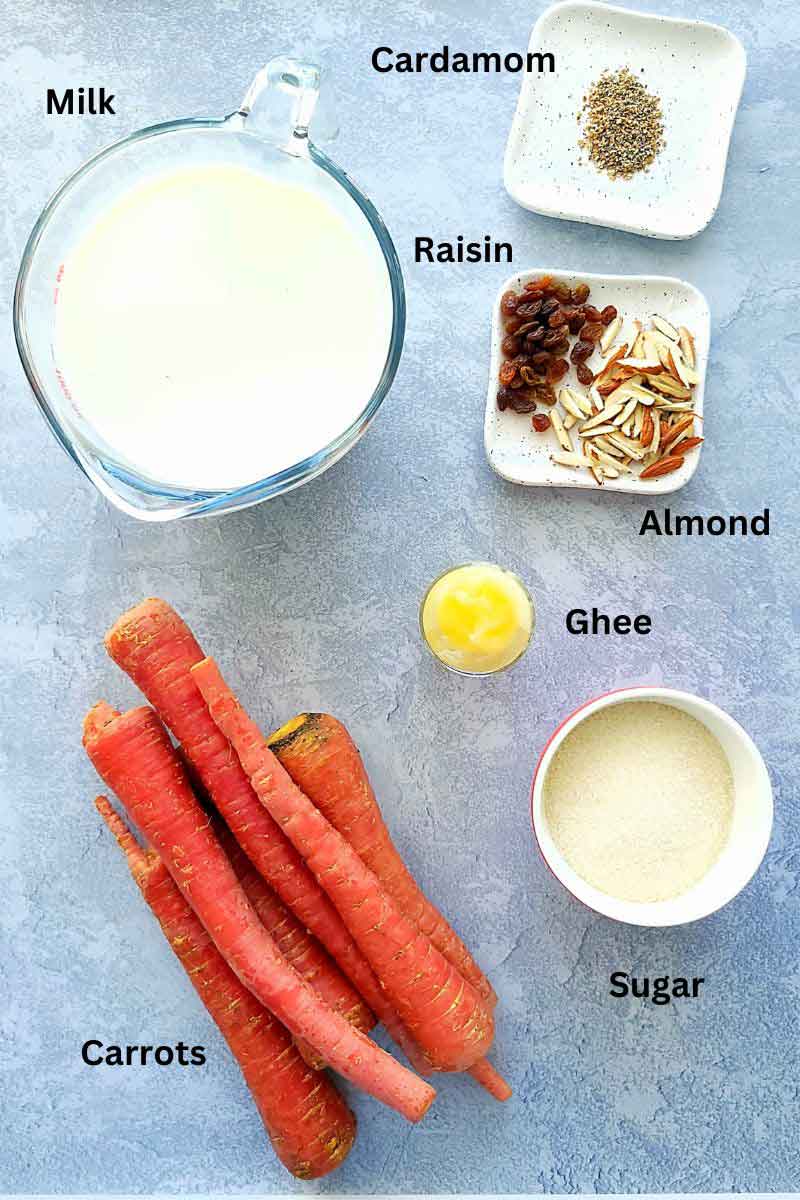 Pre-measured ingredients to make gajar ka halwa