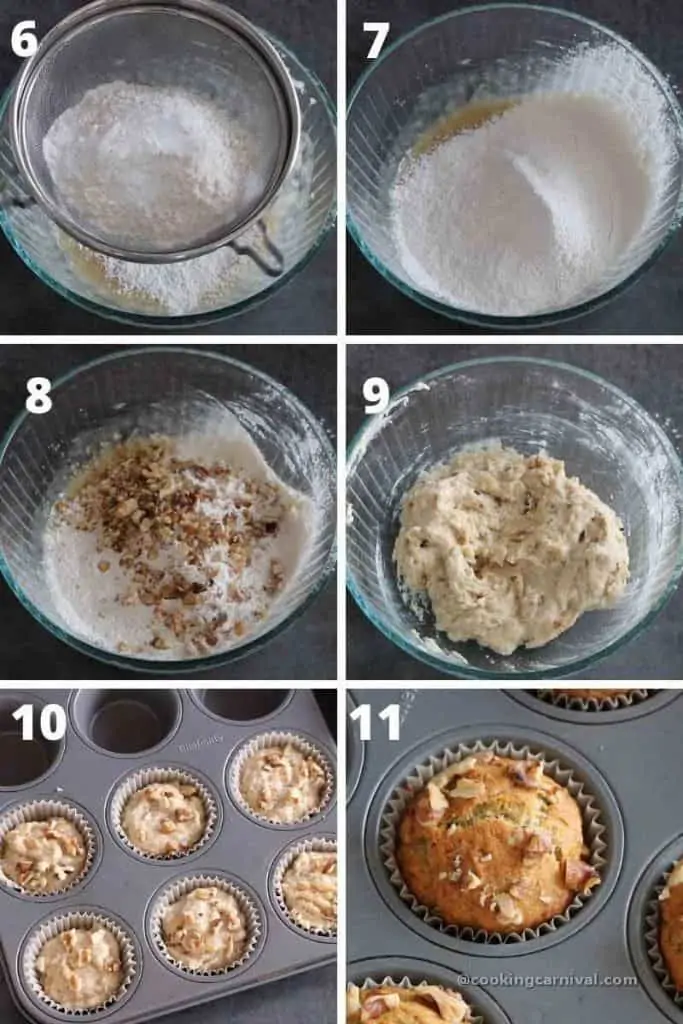 Collage of mixing wet ingredients with dry ingredients to make the banana muffins