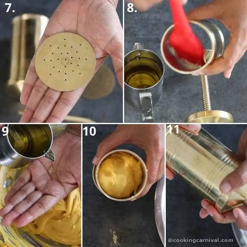 collage of filling the sev dough in sev maker