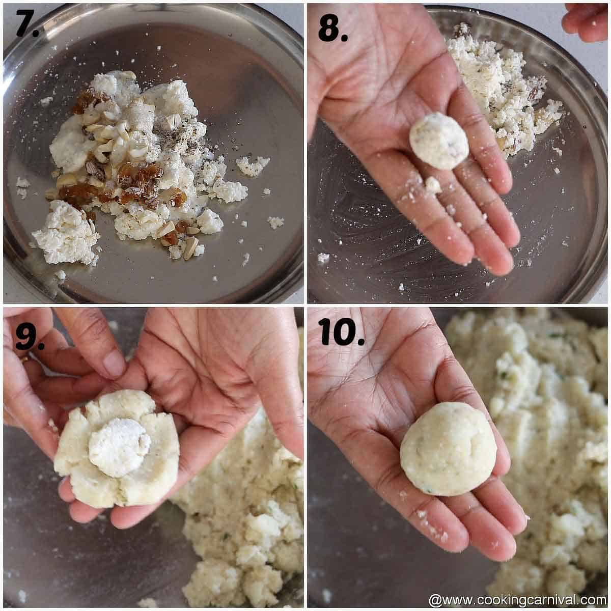 Adding paneer, cashew, sugar, cream, raisin in a bowl and shaping kofta
