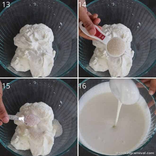 adding sugar and salt in curd and beating it