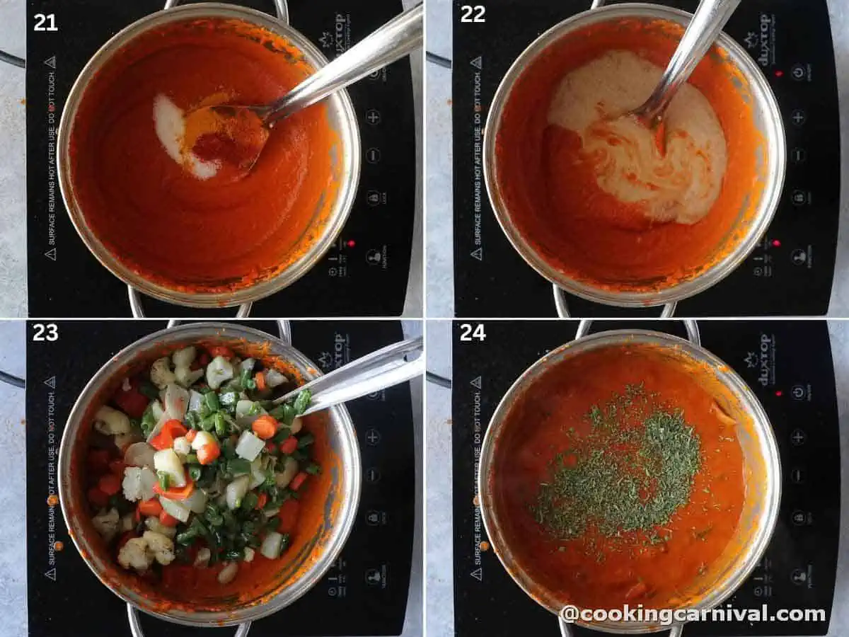 adding spices, kolhapuri paste, fried vegetables and kasuri methi in tomato onion gravy.
