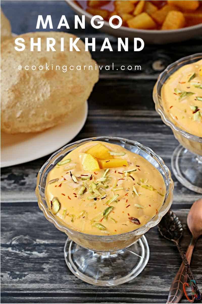 Mango Shrikhand | Aamrkhand - Lush Mango flavored Popular Indian Dessert made with Greek or Thick yogurt, Mango, sweetener, Cardamom, some pistachios and aromatic Saffron.