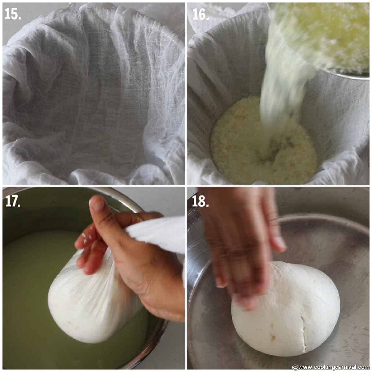 straining curdled milk through muslin cloth