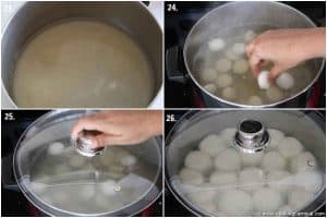 adding paneer balls in sugar syrup to make rasgulla
