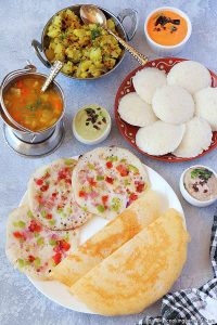 South Indian platter, Idli, dosa, uttapam, 3 chutneys and sambar