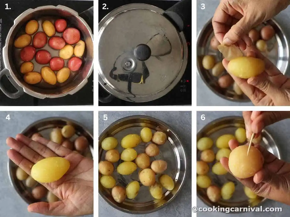 boiling baby potatoes in pressure cooker, then peeling the skin of potatoes and pricking them with toothpick.