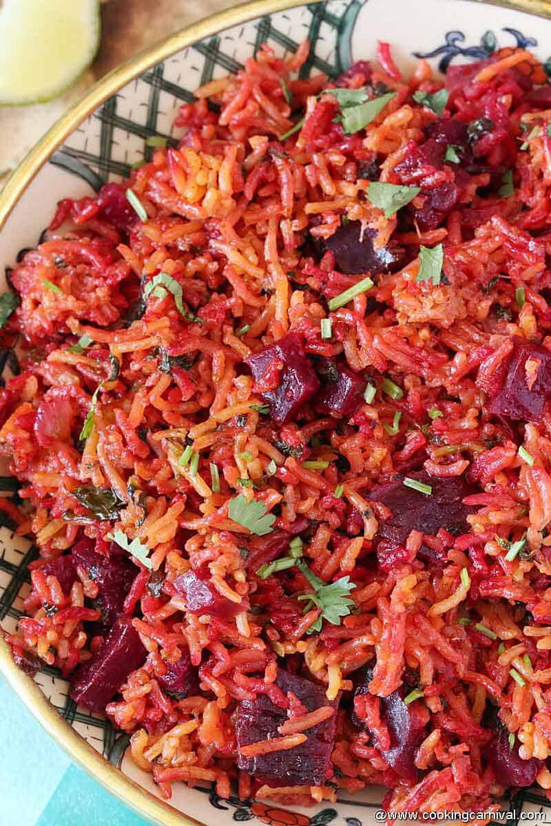 closer look of beet spinach pulao