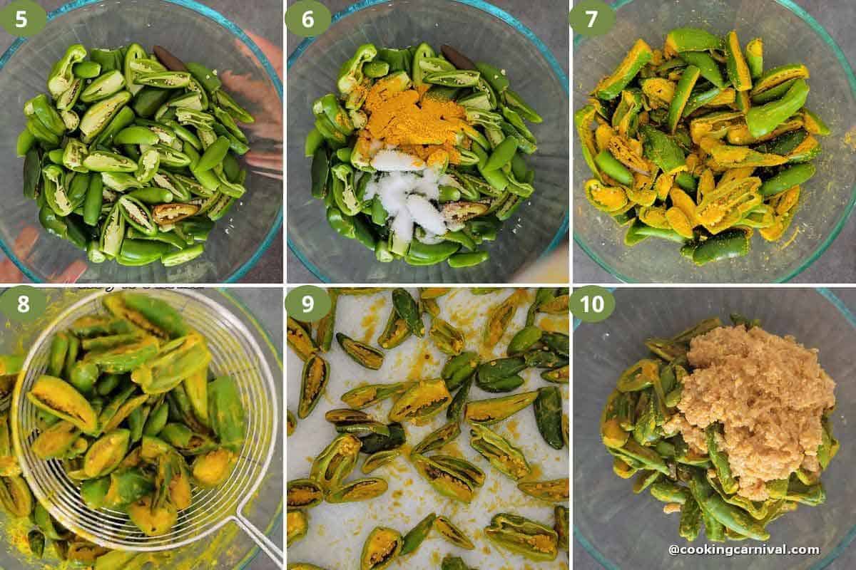 Collage of making Raita Marcha (Green Chilli Pickle)