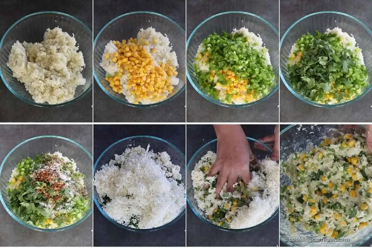 collage of making corn cheese balls mixture