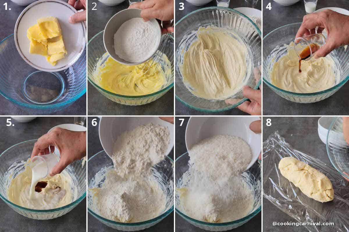 creaming butter and sugar, adding in vanilla extract, milk, flour, coconut powder and then making coconut cookies dough. 