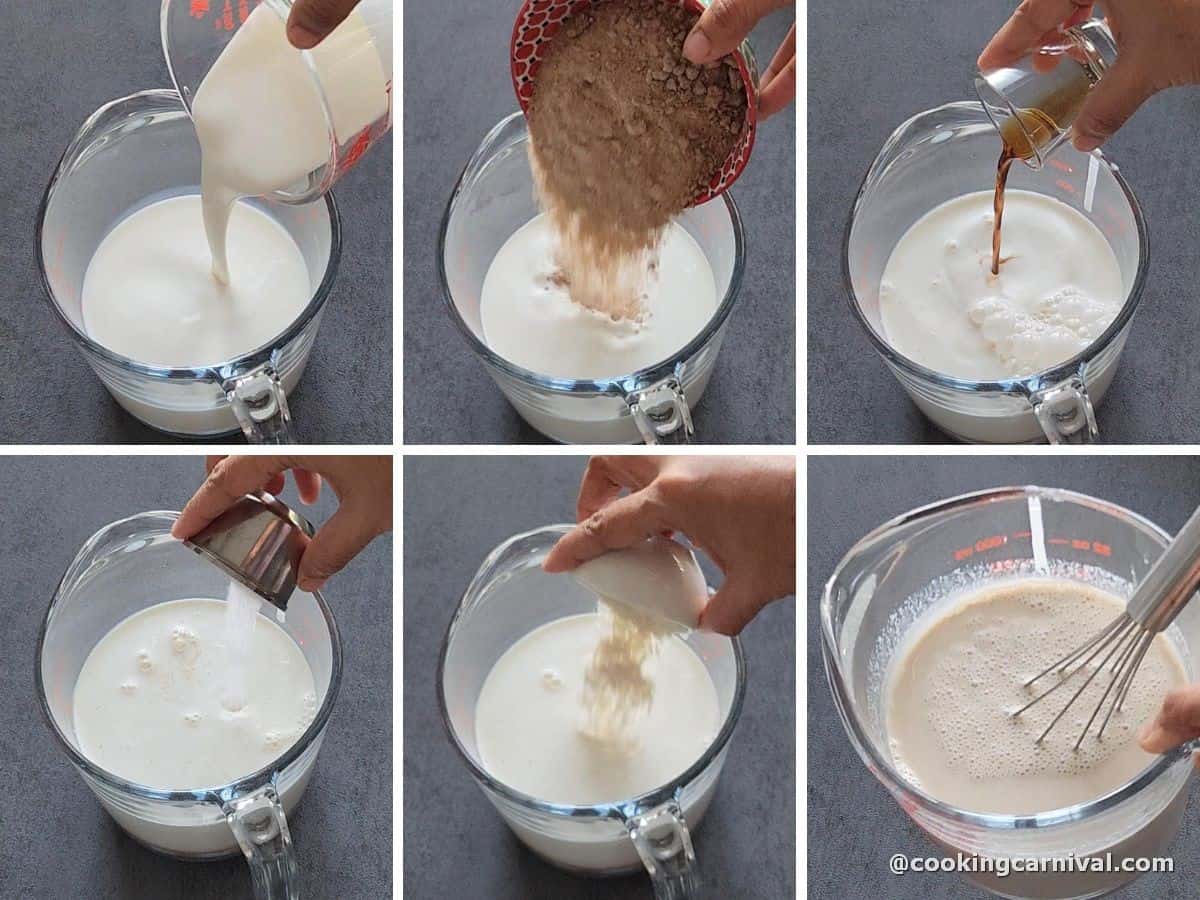 Whole milk, heavy cream, brown sugar, vanilla extract, salt, and agar agar powder in a mixing bowl.