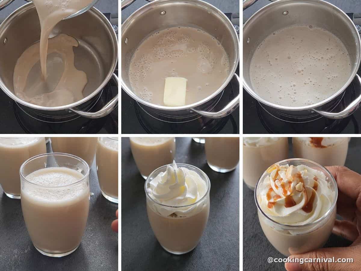 Simmering pudding mixture. And garnishing with whipped cream, praline, and caramel sauce.