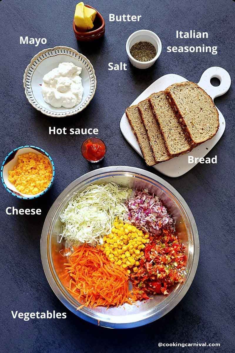 Pre-measured ingredients for vegetable Mayonnaise Sandwich