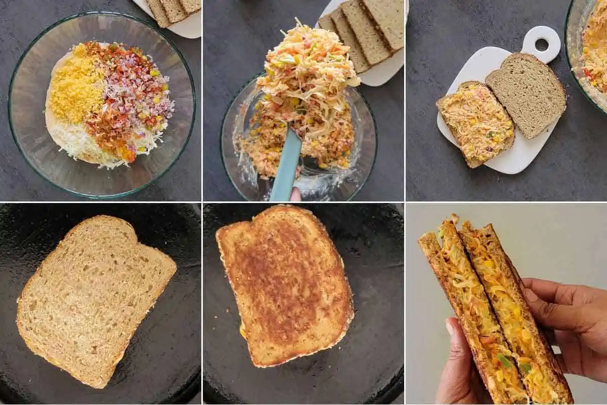 Collage of making veg mayonnaise sandwich