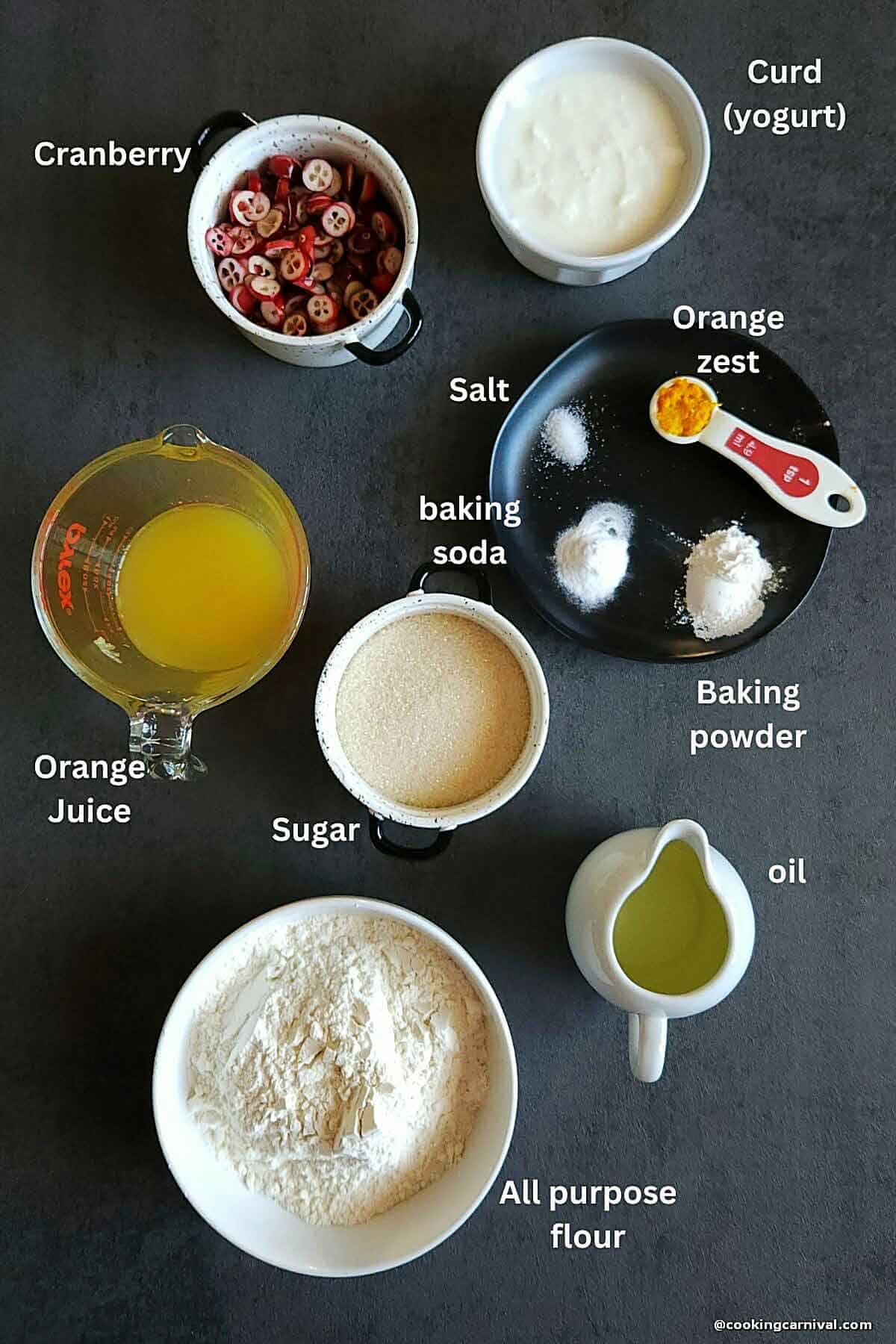 Premeasured ingredients for Eggless Orange Cranberry Bread