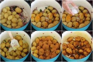 Adding salt, turmeric powder and chettinad masala in baby potatoes,