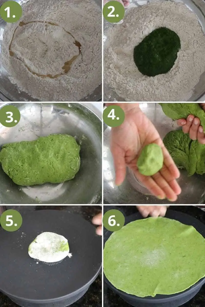 collage of making spinach tortilla dough