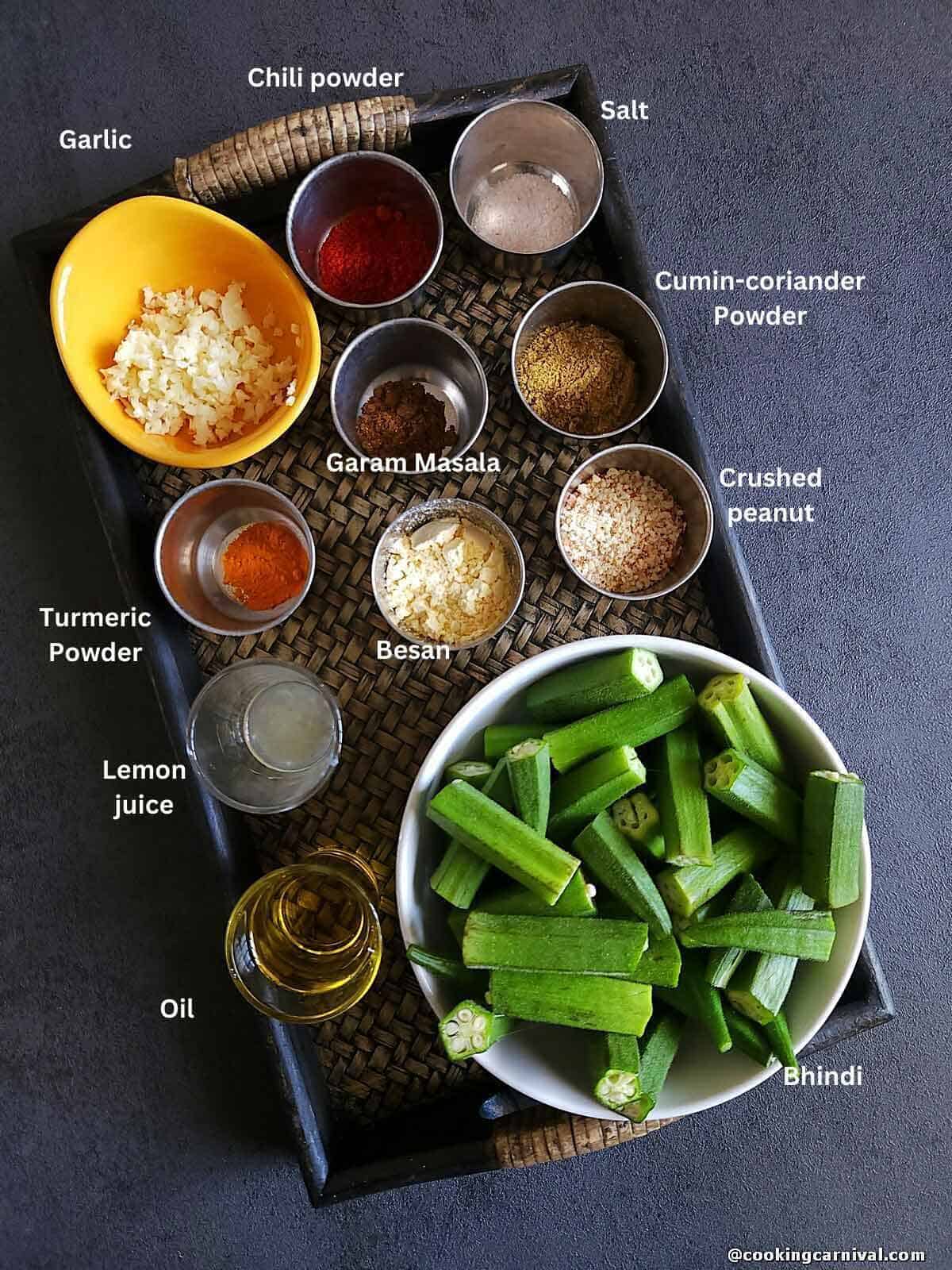 Premeasured ingredients for tawa bhindi fry.