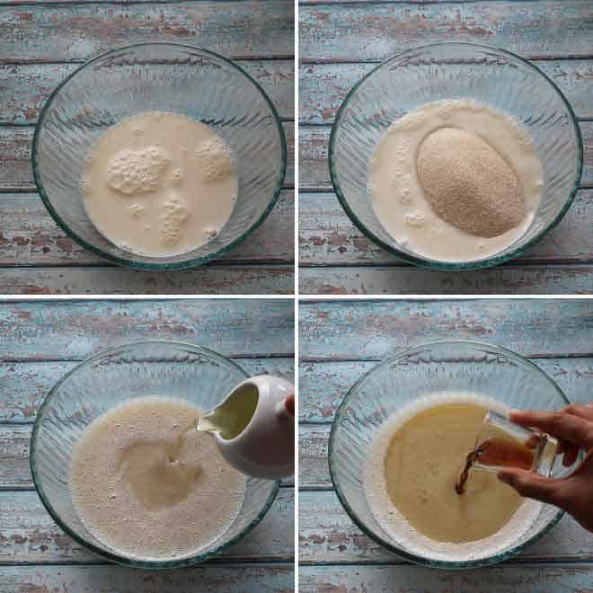 mixing sugar, milk, oil and vanilla in a bowl