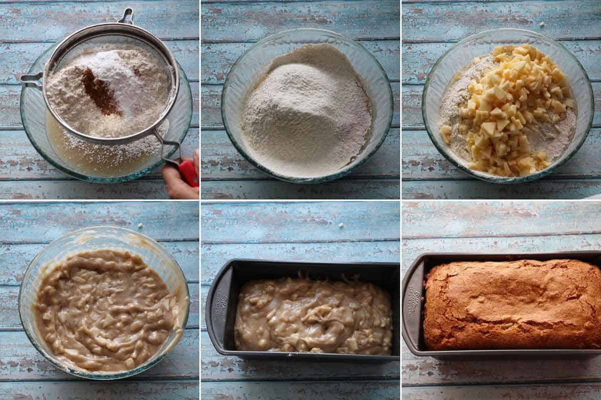 adding dry ingredients into wet ingredients to make eggless sweet bread.