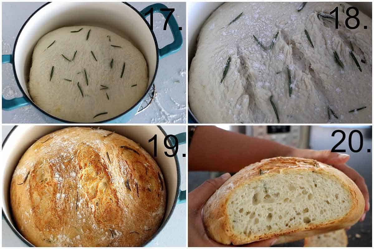 Placing instant pot bread dough in dutch oven and Baking bread in oven
