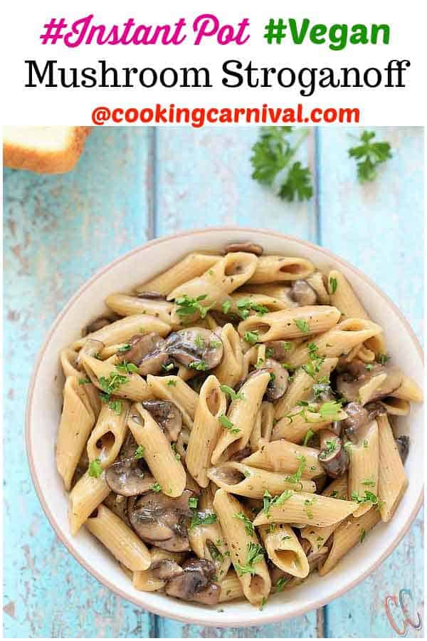 This Instant Pot Vegan Mushroom Stroganoff Recipe is quick, easy, comforting, hearty, savory, creamy, delicious, nut-free and perfect for weeknight Dinner.