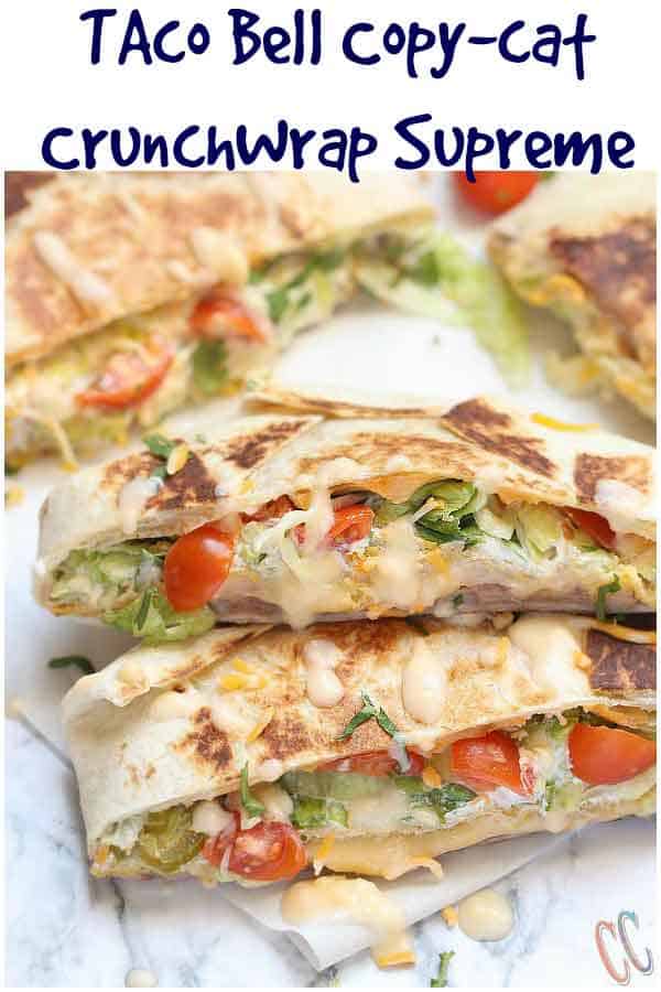 Vegetarian Homemade Crunchwrap Supreme Recipe - Refried beans, cheese sauce, crunchy tostadas, sour cream, chopped lettuce, diced tomatoes, Jalapenos and shredded cheese all wrapped inside a large burrito tortilla and then pan roasted until perfectly golden brown in color.