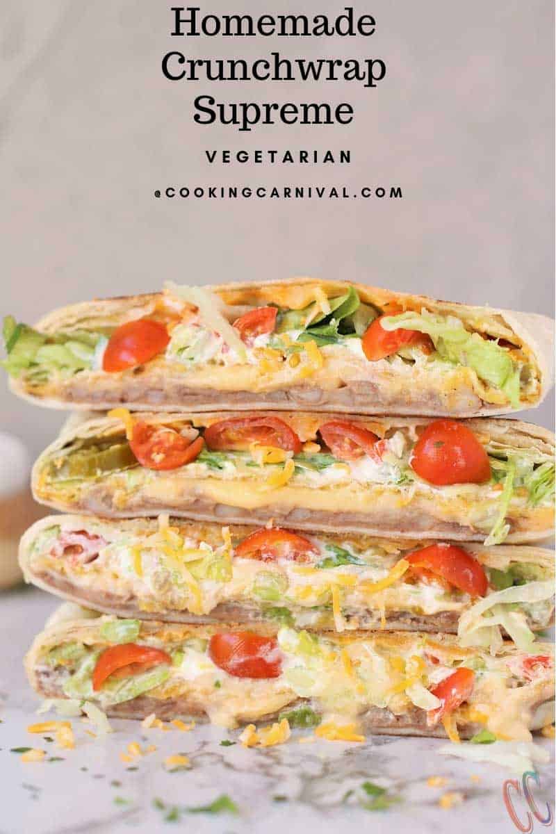 Vegetarian Homemade Crunchwrap Supreme Recipe - Refried beans, cheese sauce, crunchy tostadas, sour cream, chopped lettuce, diced tomatoes, Jalapenos and shredded cheese all wrapped inside a large burrito tortilla and then pan roasted until perfectly golden brown in color.