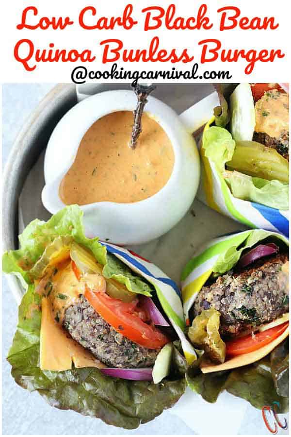 Low Carb Black Bean Quinoa Bunless Burger - Hearty, Simple, has bold flavors and great texture, Veggie burger recipe which makes for a fun to customize meal with your favorite toppings.