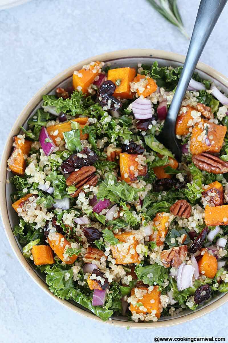best Roasted Butternut Squash Fall Salad with Balsamic Vinaigrette on a gray board