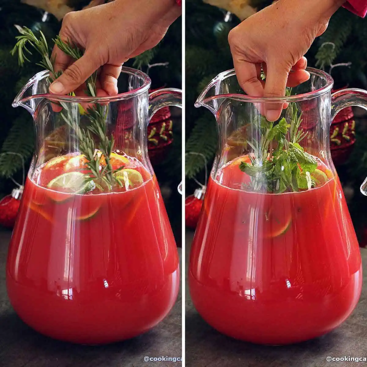 adding rosemary and mint to Christmas punch.