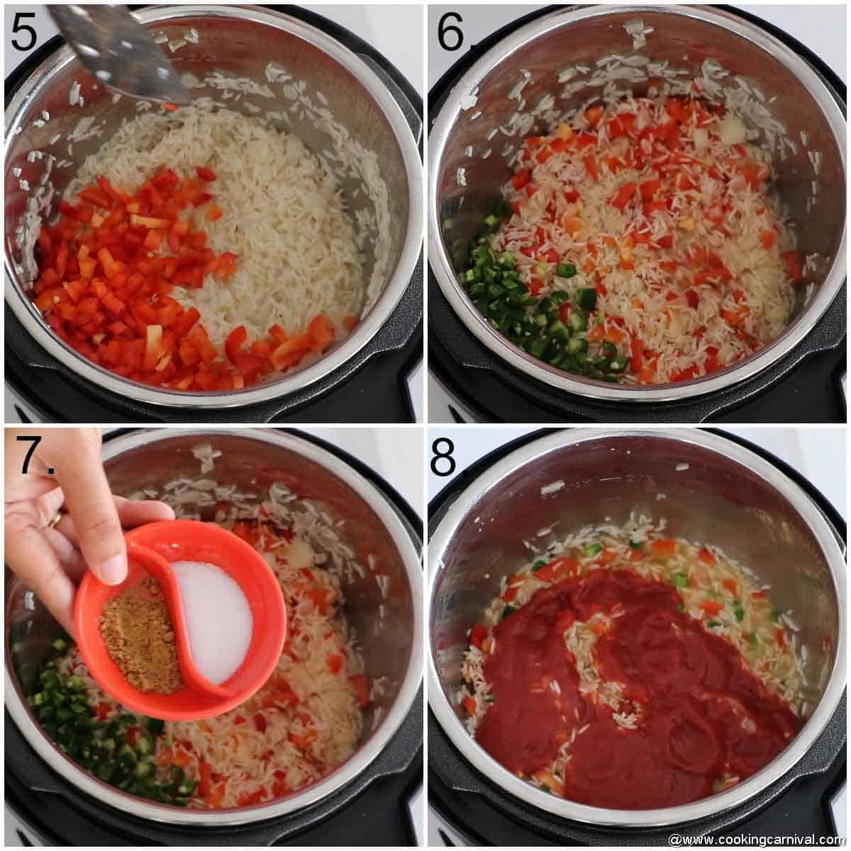 Adding red bellpepper, jalapenos, cumin powder and tomato sauce in instant pot