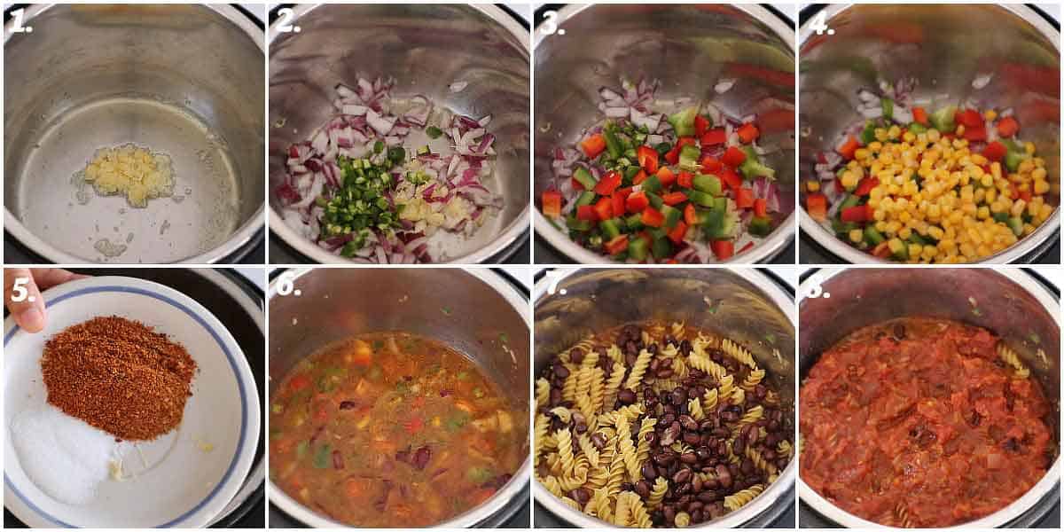 step by step process of taco pasta in instant pot