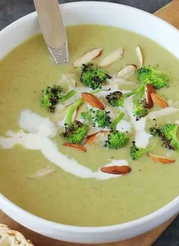 A bowl of broccoli almond soup