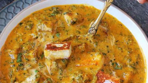 Holding Lasooni palak paneer with spoon