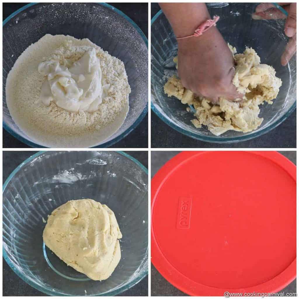 Mixing ghee and flour for nankhatai dough