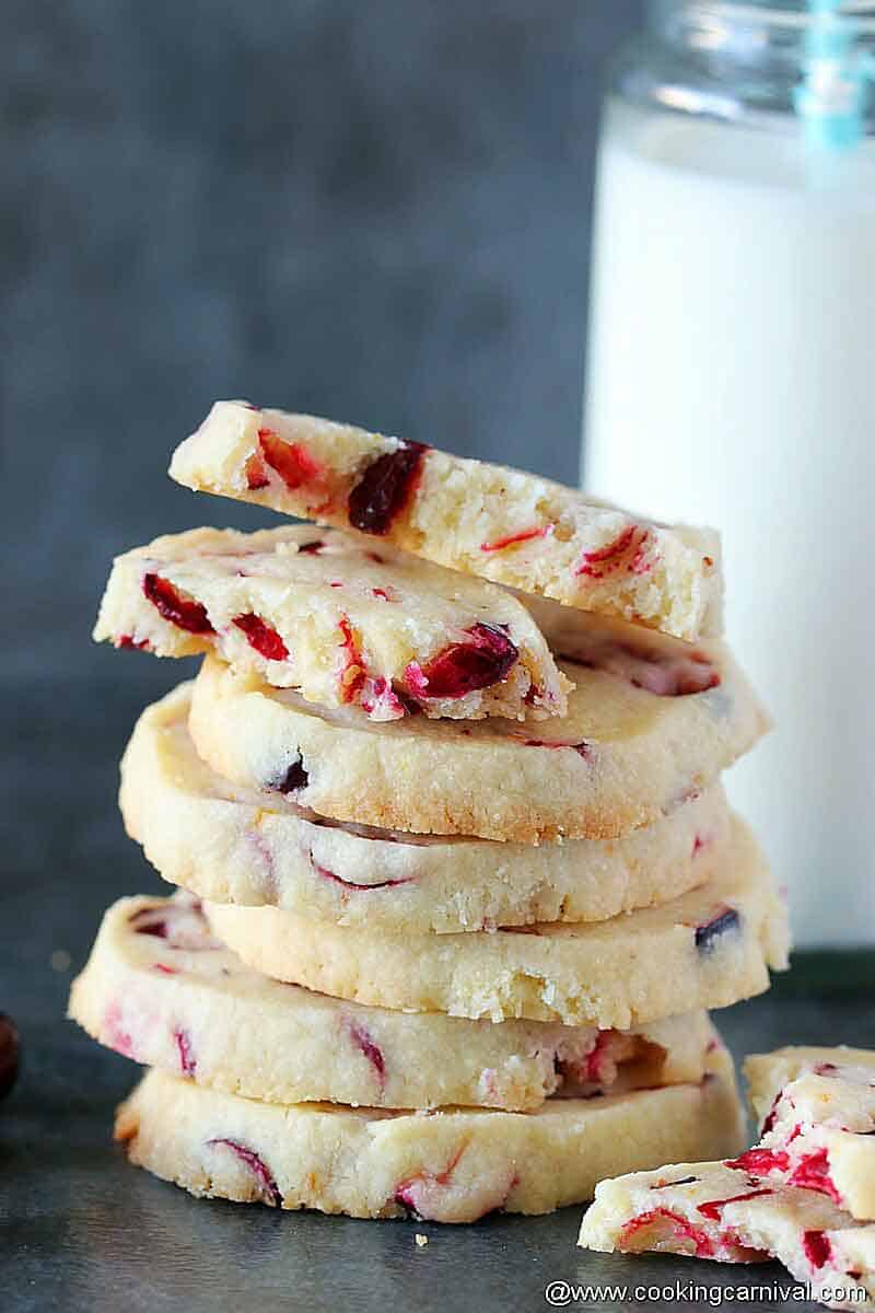 stack o Cranberry Orange Shortbread cookies and showing inner texture