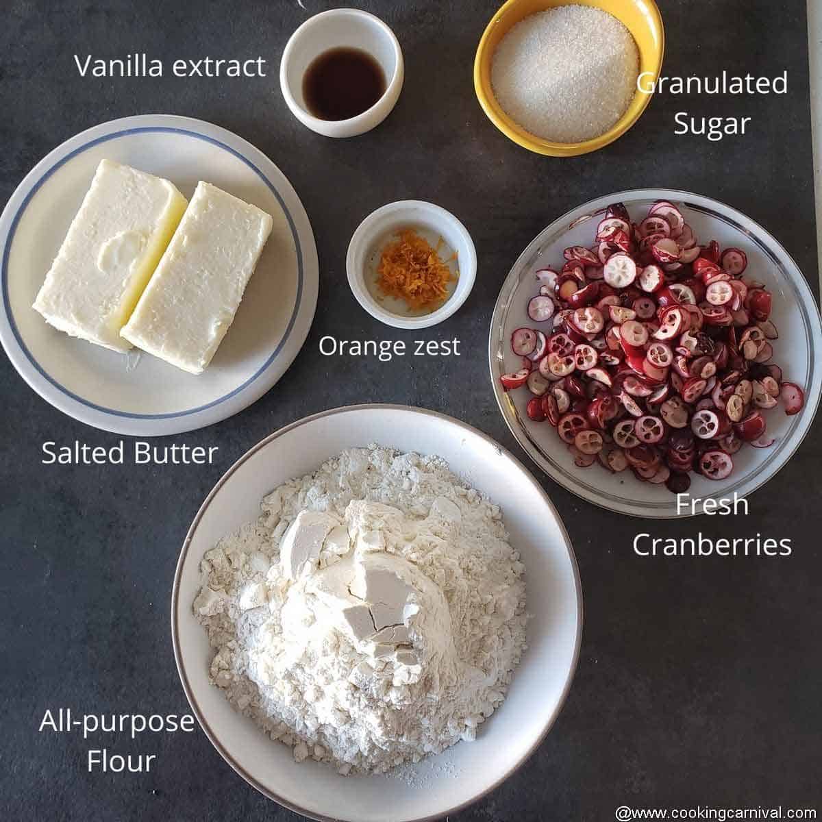 Pre measured ingredients or making Cranberry Orange Shortbread cookies