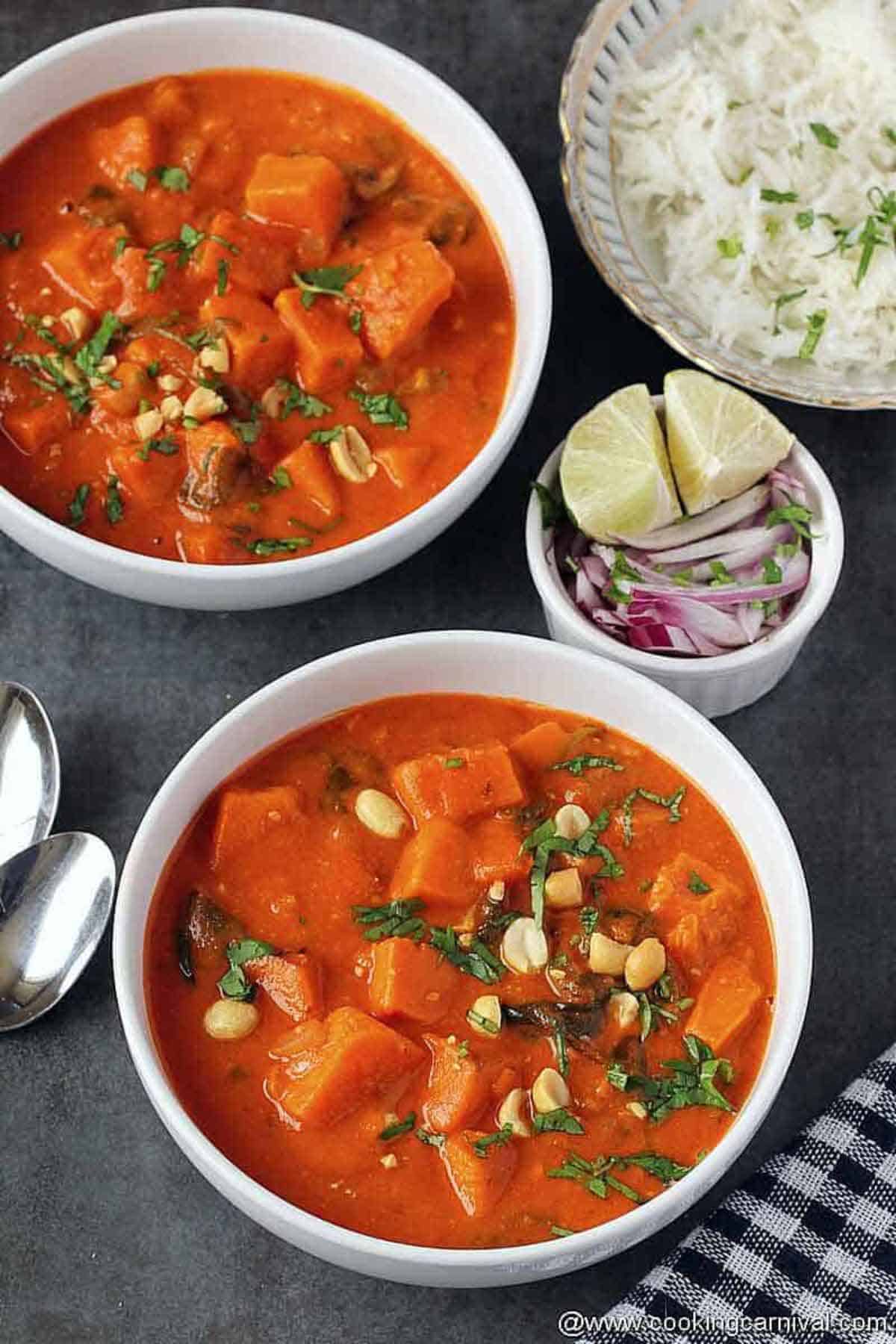 peanut stew in a white bowl.