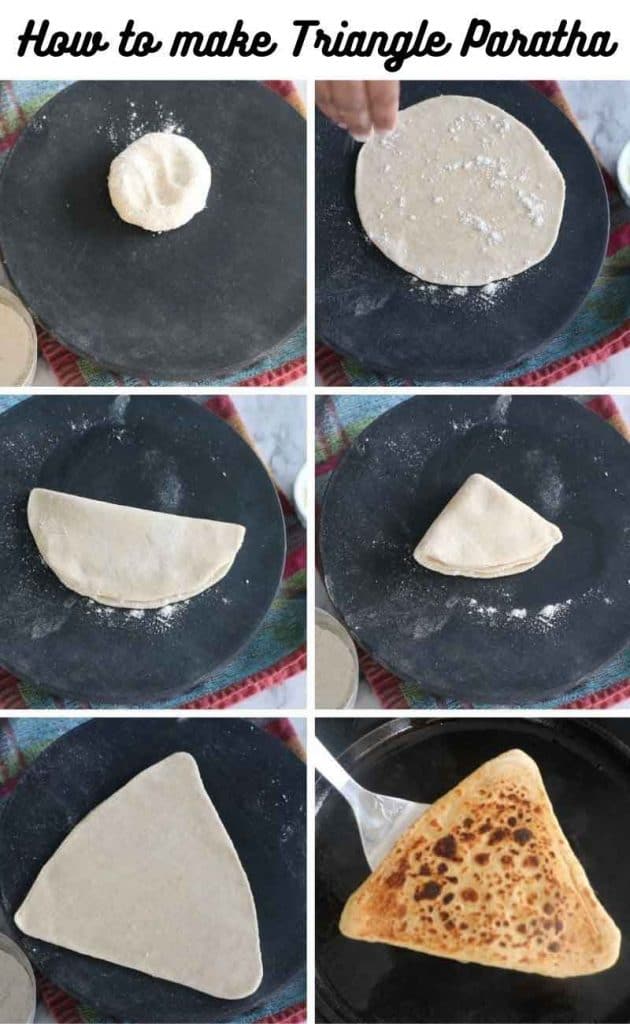 Collage of rolling triangle Whole wheat Paratha recipe
