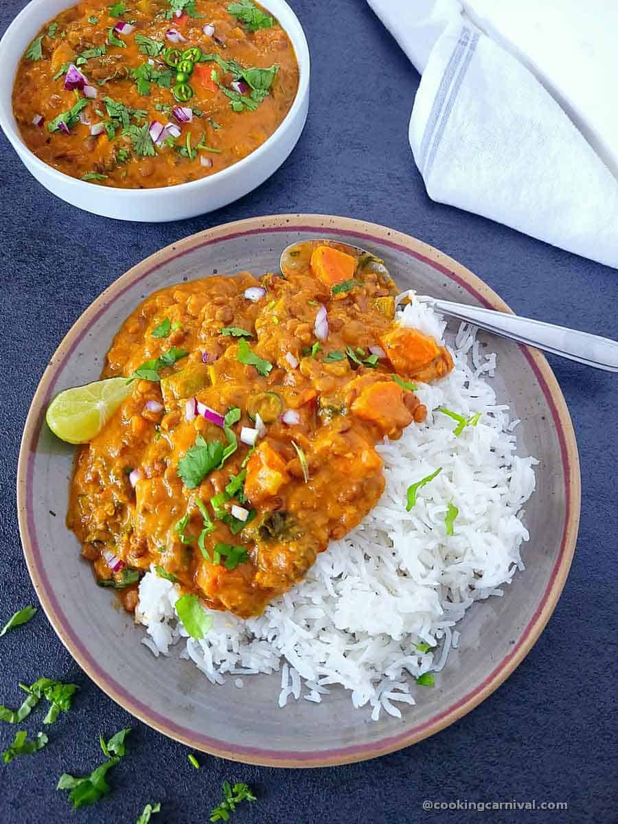Moroccan lentil soup with rice on a plate