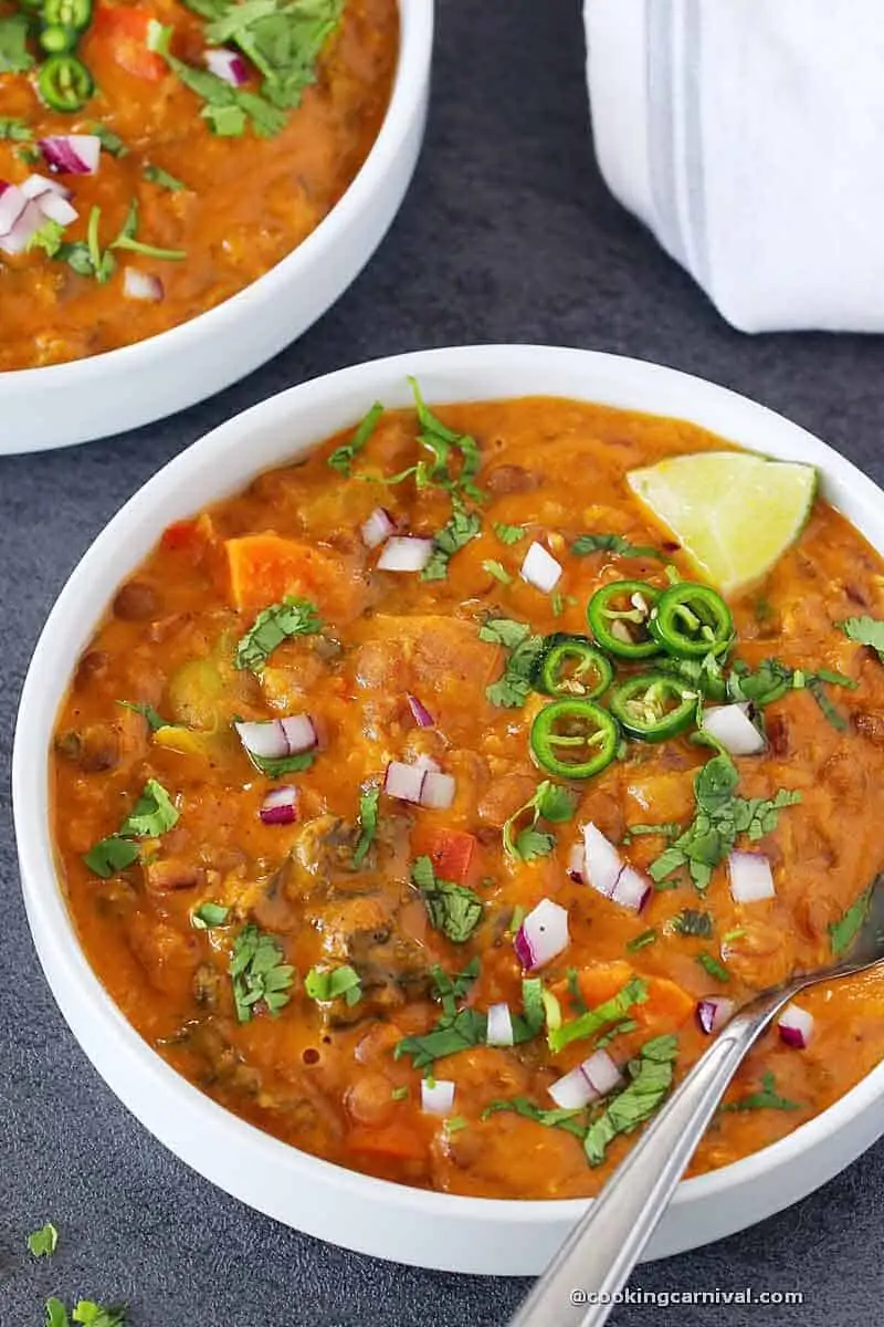 Instant pot Moroccan lentil soup in white bowl