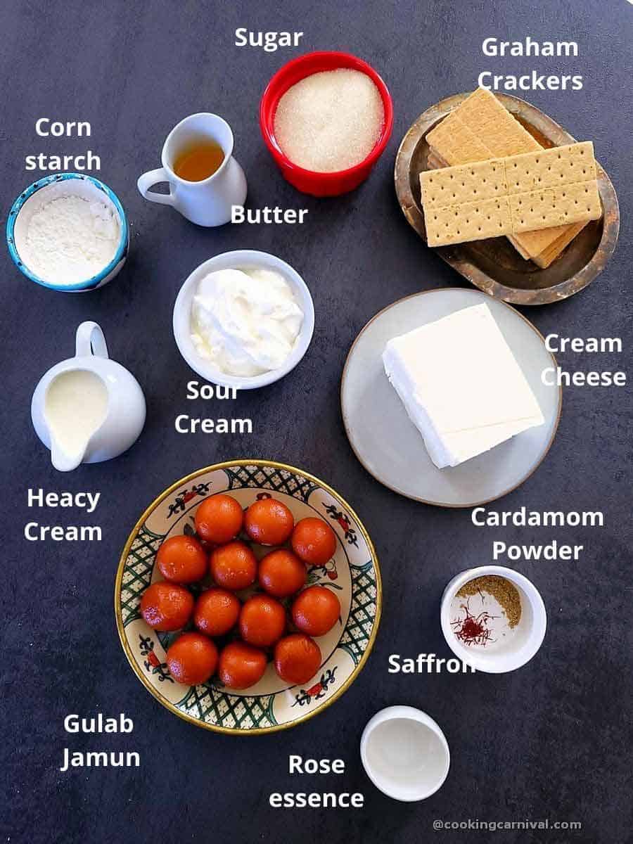 Pre-measured ingredients for gulab jamun cheesecake