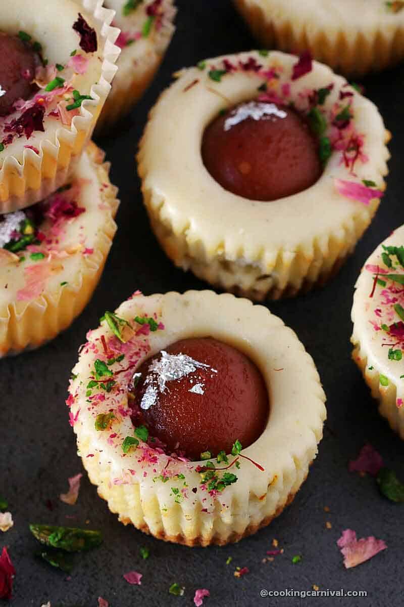 Close up shot of Gulab jamun Cheesecake