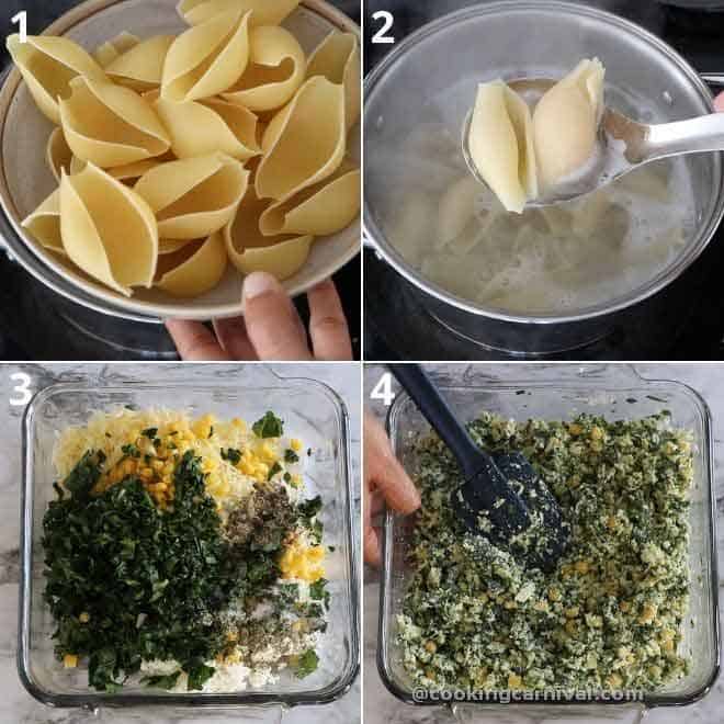 collage of boiling pasta and preparing stuffing for shell