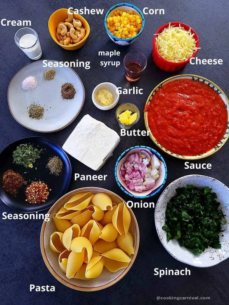 Pre-measured ingredients for Paneer Vegetable stuffed shells