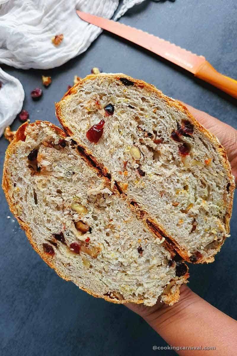 showing inner texture of Cranberry walnut bread
