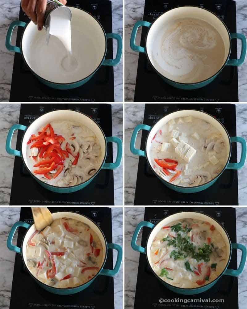 Collage of making vegan tom kha soup
